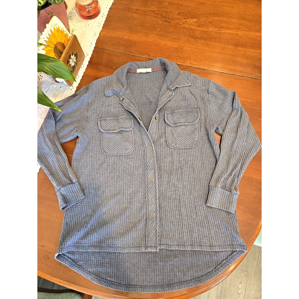 Rewind Womem's Blue Waffle Knit Button-Up Shirt Jacket Long Sleeve Pockets M